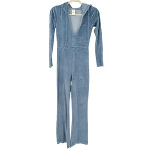 Iets Frans UO Womens Loungewear Kenny Plunge Neck Hooded Velour Jumpsuit XS Blue thumbnail 3