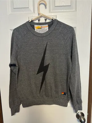 Aviator Nation Gray Off-Shoulder Sweatshirt with Black Lightning Bolt thumbnail 2