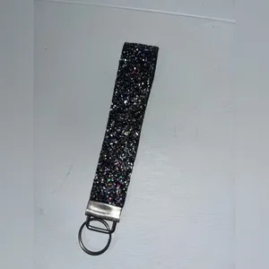 Handmade Black Rainbow Confetti Glitter Canvas Faux Leather Wristlet Keychain thumbnail 3