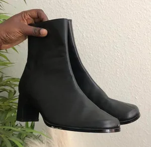 2000s Y2K Black Genuine leather square toe chunky sleek ankle mid calf boots-Women 7.5M #Gothic #grunge #subversive #gorpcore #whimsygoth #matrix #biker thumbnail 1