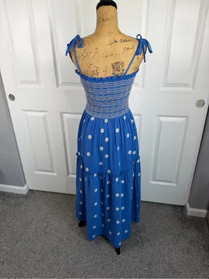 Boutique Sz S Blue Daisy Smocked Tie Strap Tiered Maxi Dress Cottagecore thumbnail 11