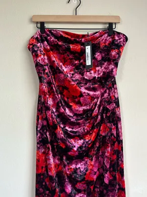 NWT Steve Madden Crushed Velvet Floral Strapless Midi Dress thumbnail 2