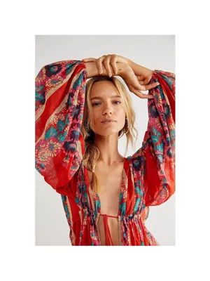 Free People Dream Girl Maxi Open Top Retro Red Lightweight Robe Size Size Medium thumbnail 3