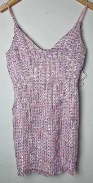 Fanco Pink Tweed Mini Dress Size Small NWT Barbie Preppy Fringe Spaghetti Strap thumbnail 1