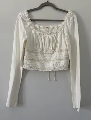 Free People Scarlet Smocked Milk Maid Long Sleeve Lace Trim Blouse Soft Ivory S thumbnail 1