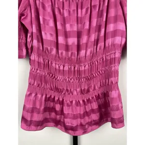 1.STATE‎ Hot Pink Shadow Stripe Puff Sleeve Shirred Waist Square Neck Top Sz M thumbnail 5