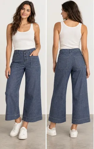 EVEREVE Women’s 29 Blue Chambray Wide Leg Crop Pants Button Fly Patch Pockets thumbnail 2