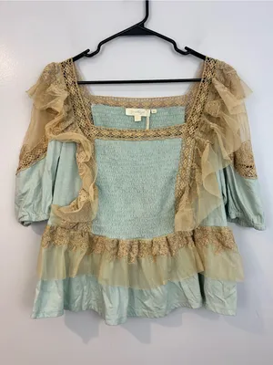 NWT Forever That Girl Blue/Tan Ruffle Lace Peplum Fairy Top Large Anthropologie thumbnail 2