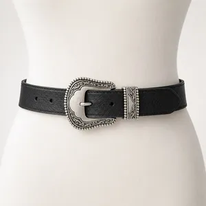 Vince‎ Camuto Western Belt Women Small Black Silver Engraved Buckle Boho Cowgirl thumbnail 1