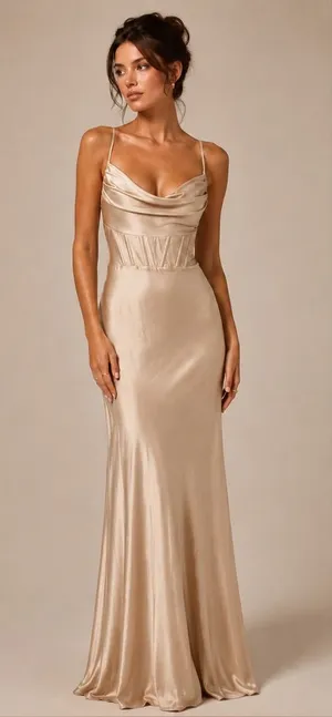 Windsor Taupe Satin Maxi Dress XS Cowl Neck Strappy Open Back Formal Gown NWT thumbnail 1