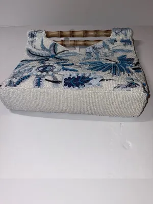 Beaded Floral Pink & White Handbag with Bamboo Handle India handmade NWT thumbnail 4