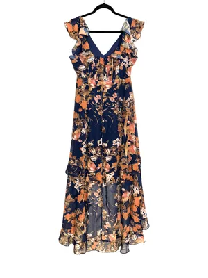 Lulu's Stunning Favorite Navy Floral High-Low Ruffle V-Neck Dress LARGE thumbnail 4
