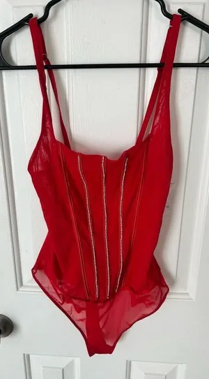 Auden Intimates Women's Mesh Bodysuit Thong Lingerie Red Size XS thumbnail 1