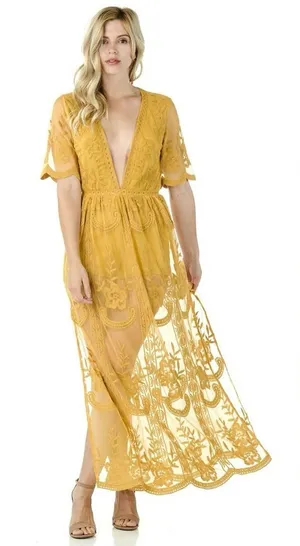 SOHCUE - Elegant Yellow Lace Maxi Dress embroidered thumbnail 1