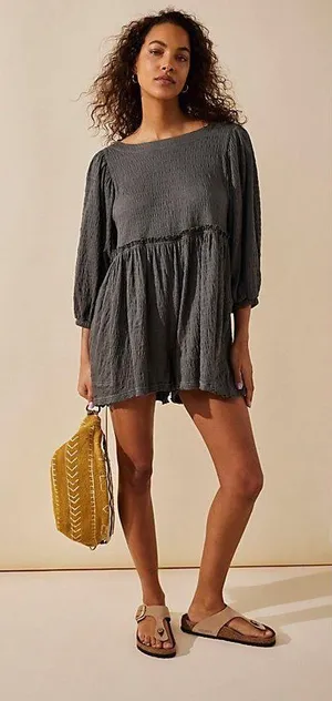 Free People Beyond Obsessed Romper Gray Puff Sleeve Babydoll Boho Small thumbnail 1