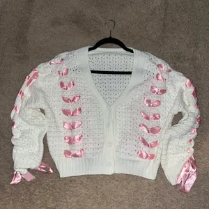 Pink bow winter cardigan White thumbnail 2