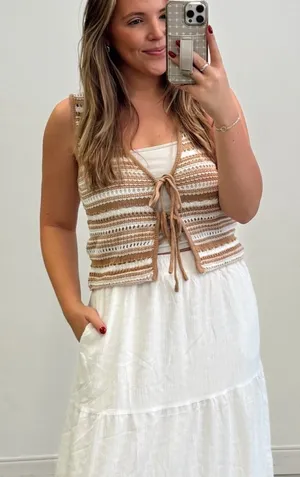 BOUTIQUE CROCHET TIE FRONT VEST Tan thumbnail 1