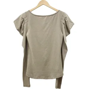 Free People Penelope Tan Striped Knit Top Long Ruched Puff Sleeves Size Medium thumbnail 3