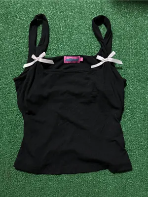 Edikted Black Ribbed Camisole with White Bow Details and Pink Tag thumbnail 1