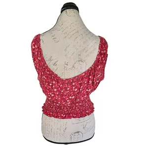 American Eagle Outfitters Red Floral Ditsy Blouse Sz Small Off-Shoulder Cropped thumbnail 3