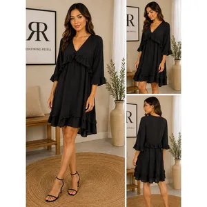 Entro Black Ruffled 3/4 Sleeve V Neck Babydoll ‎ Tiered Short Dress NWT Size M thumbnail 2