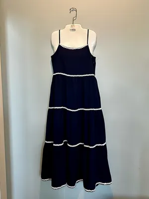 BTFBM Tiered Midi Dress Navy/ White Rick Rack Trim adjustable straps size Small thumbnail 3