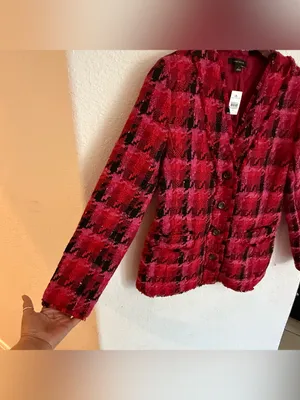 NWT Ann Taylor Womens Blazer Red Pink Tweed Houndstooth Size 4 thumbnail 5