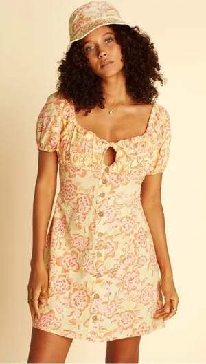 NWT Billabong x Wrangler Women's Mini Dress Yellow Orange Far &‎ Away Floral med thumbnail 1