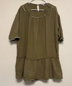Olive Green Dress with Crochet Trim thumbnail 1