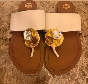 Tory Burch beautiful Women’s Cream Leather Gemstone Accents of Gold Sandals thumbnail 1