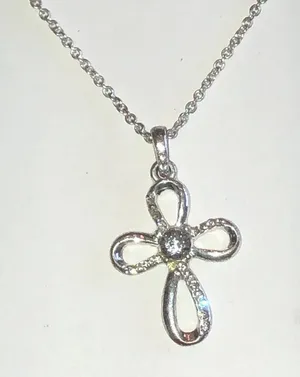 Silver Tone Flower Cross Rhinestone Pendant Necklace thumbnail 1