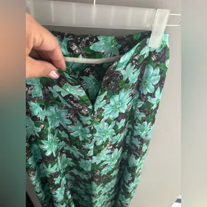 ZARA Vibrant Blue & Green Floral Midi‎ Skirt Satin Size S Made in Morocco EUC thumbnail 5