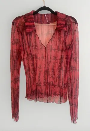Free People Size S Red Semi Sheer‎ Y2K Whimsy Romance burnout top thumbnail 1
