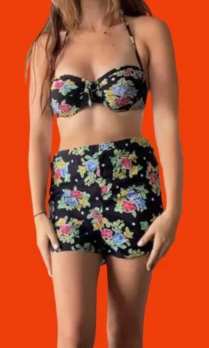 Vintage 60’s style black bikini top and swim short bottoms with floral print 🔥 thumbnail 1