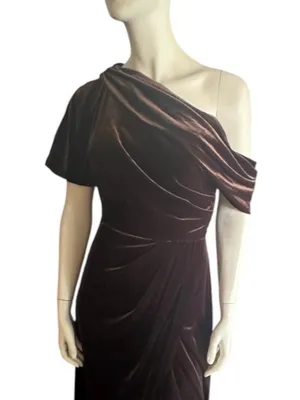 RoseGod Asymmetrical Velvet One Shoulder Midi Dress Brown Size 10 NWT thumbnail 2