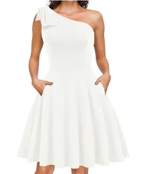 NEW Bow 1 Shoulder Pockets A-line Cocktail Party Dress L thumbnail 1