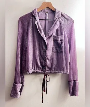 Free People Aspen Nights Velvet Blouse crushed velvet ribbed button front Sheer thumbnail 1