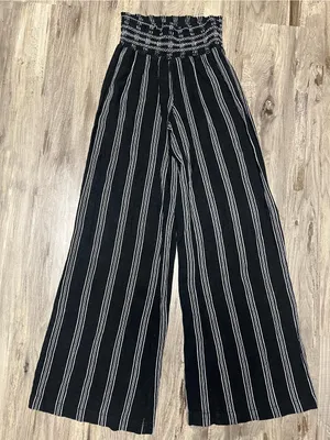 Rewash Black White Pink Striped Linen Blend Wide Leg Smocked Waist Pants XS thumbnail 1