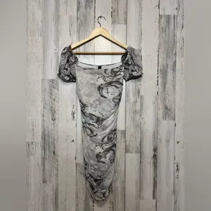 AKIRA Women’s Small Gray Dragon Print Mesh Mini Dress Puff Sleeve Ruched Bodycon thumbnail 6