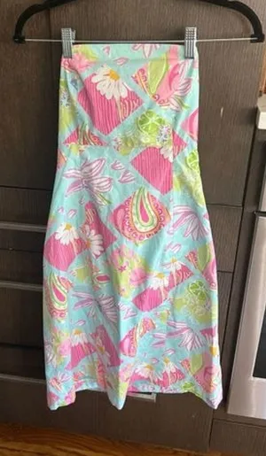 Lilly Pulitzer Strapless Rear Tie Pink Elephants Blue‎ Floral Fit Flare Dress 0 thumbnail 1