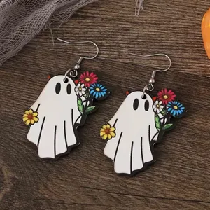 White Ghost Colorful Flower Design‎ Dangle Halloween Earrings Wooden Jewelry thumbnail 9