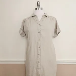 Well Worn Linen Blend Button Down Shirt Dress Short Sleeve Beige Pockets Small thumbnail 5
