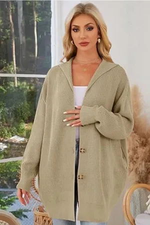 Lightweight Hooded Button-Front Cardigan in Taupe thumbnail 1