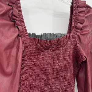 7 For All Mankind Mini Dress Womens M Oxblood Smocked Vegan Leather Coquette thumbnail 4