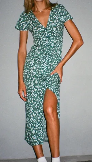 Motel Green Floral Button Front Midi Dress thumbnail 1