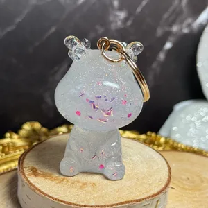 Handmade Glittery Resin Animal Keychains, Rabbit, Deer, Bear with pink glitter, gold thumbnail 7