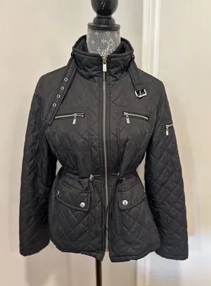 Michael Kors Petite Large Black Quilted Moto Jacket. Double Zip. Cinched Waist thumbnail 1