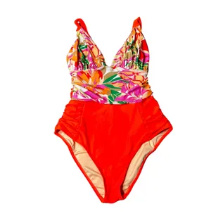 Source Unknown New Womens Swimsuit S/M Floral One Piece Ruched Orange Accents Pool Beach‎ thumbnail 2
