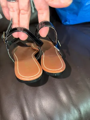 Ralph Lauren Black T-Strap Leather Sandals with Tan Footbed thumbnail 3