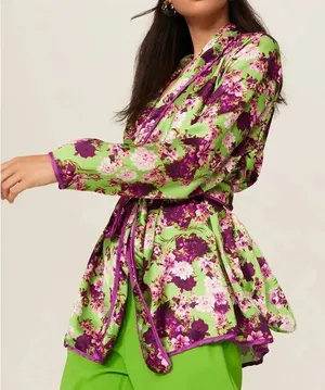 Giovanni Nicolai Floral Print Green & Purple Wrap Top(Size Medium thumbnail 1
